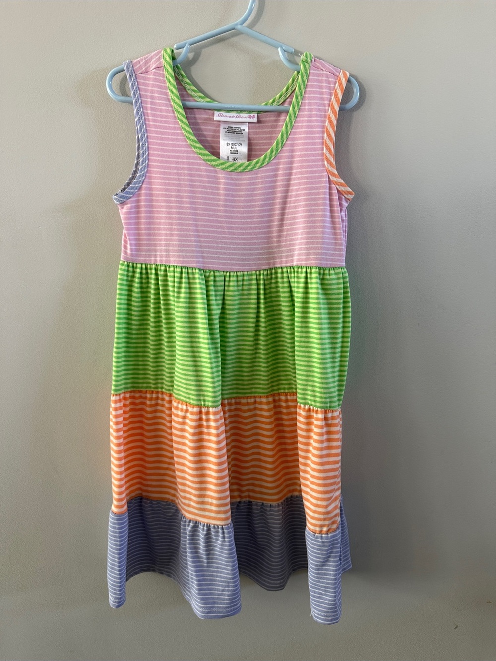 Bonnie Jean Pink, Green, Orange & Blue Striped Tiered Tank Dress